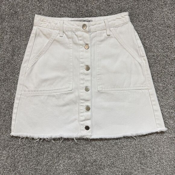 Denim Co Skirt Womens 6 White Denim A-Line Mini Button Front Pockets Raw Hem - Picture 1 of 10